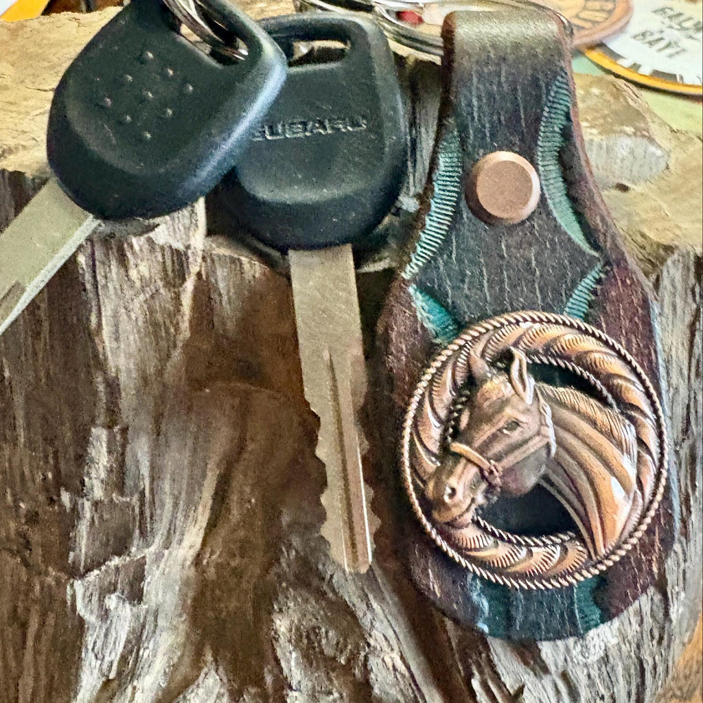 Horse Keychain: Handmade Leather Key Fob, Copper, Bronco, Mare, Concho