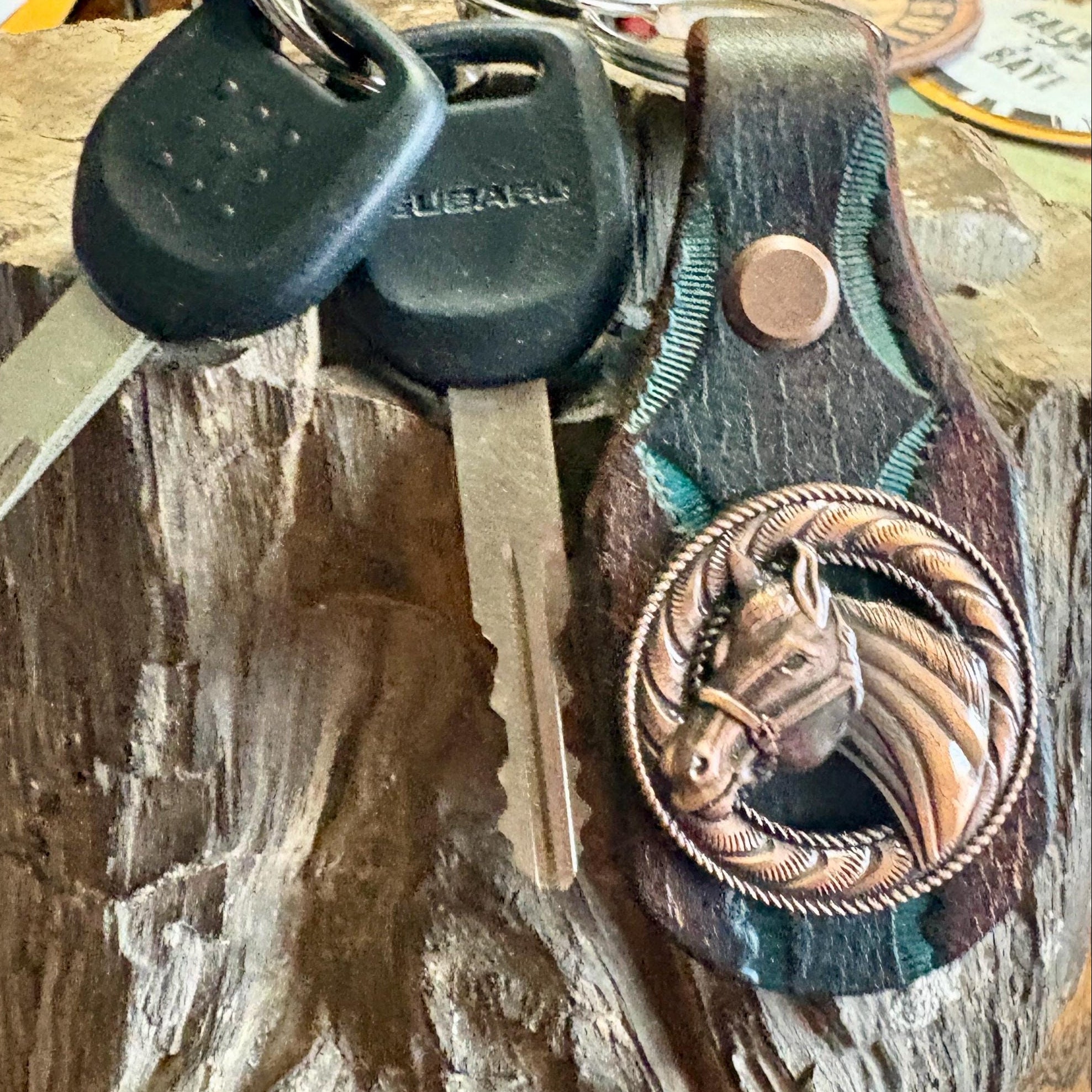 Horse Keychain: Handmade Leather Key Fob, Copper, Bronco, Mare, Concho