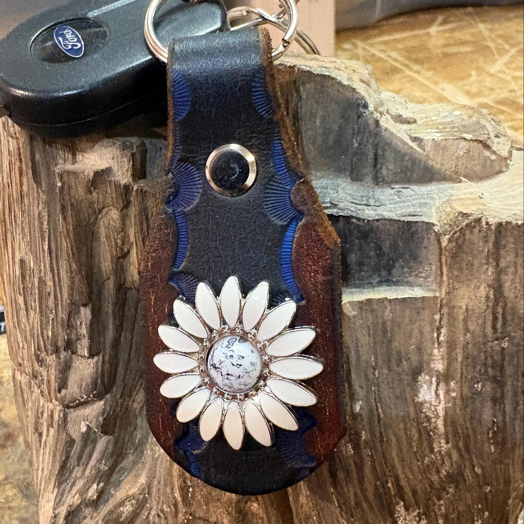 Daisy Keychain: Handmade Leather White Flower Key Fob