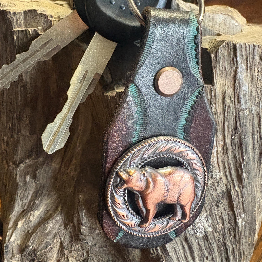 Bear Keychain, Grizzly Key Fob, Handmade Tooled Leather, Western Style