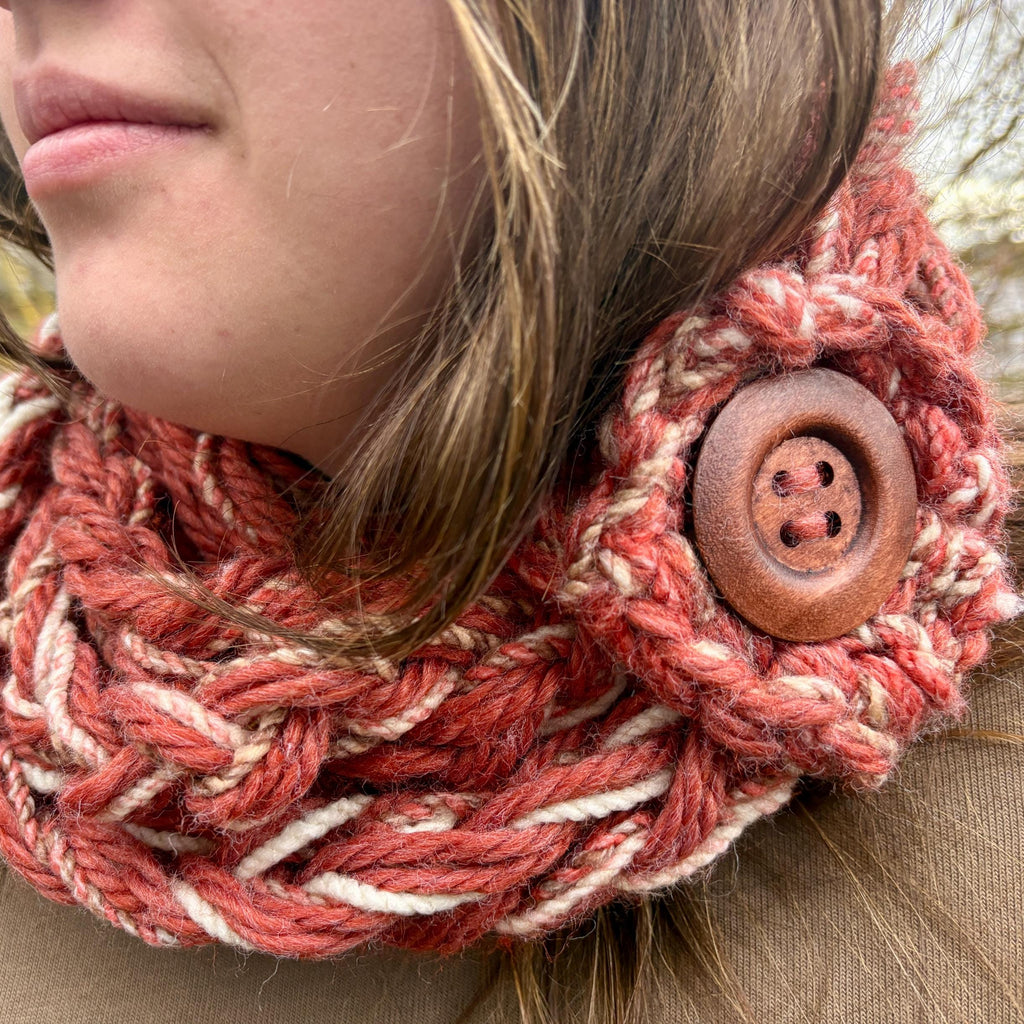 Burnt orange button scarf: beige and rust adjustable snood cowl