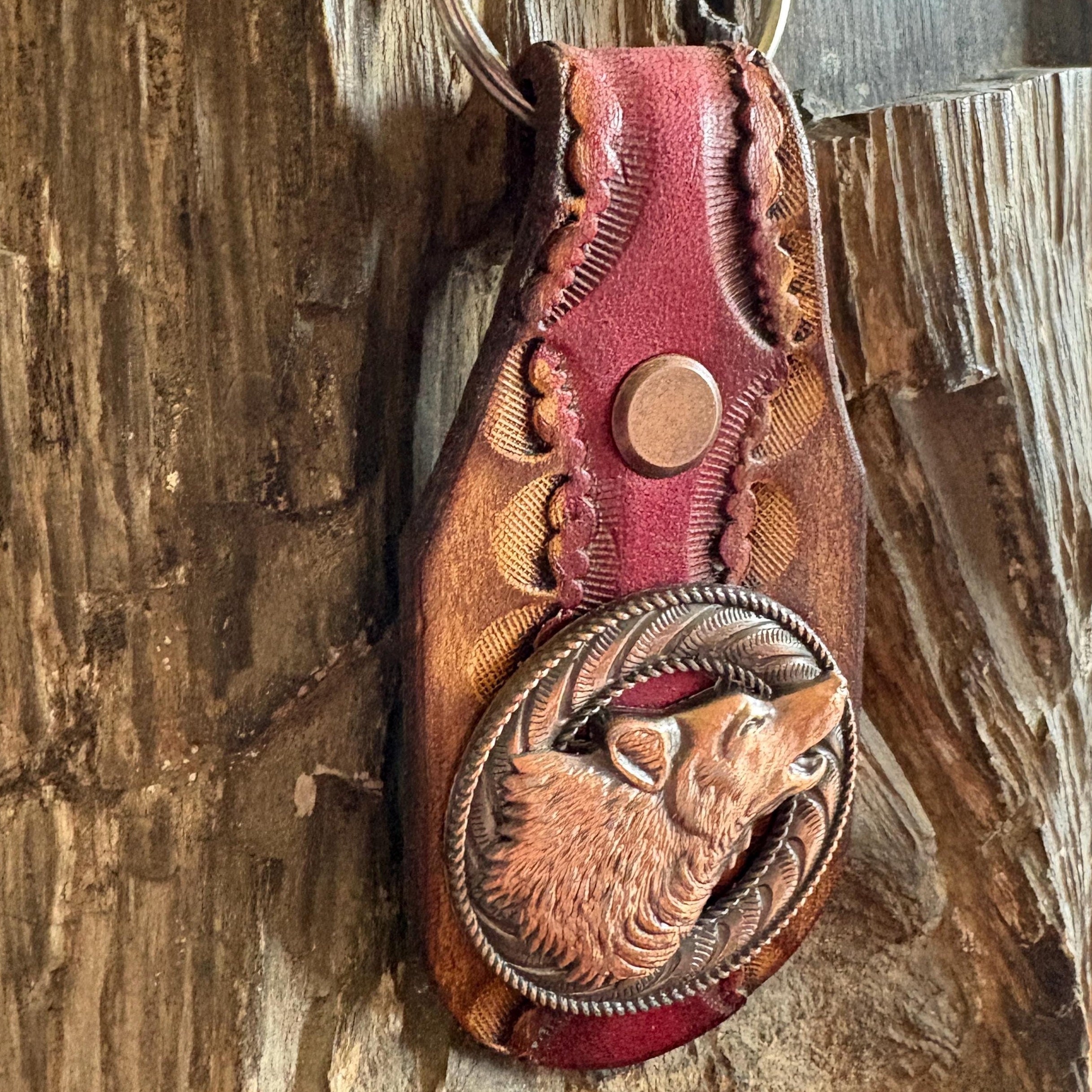 Handmade Leather Wolf Keychain: Howling Wolf Concho, Antique Copper