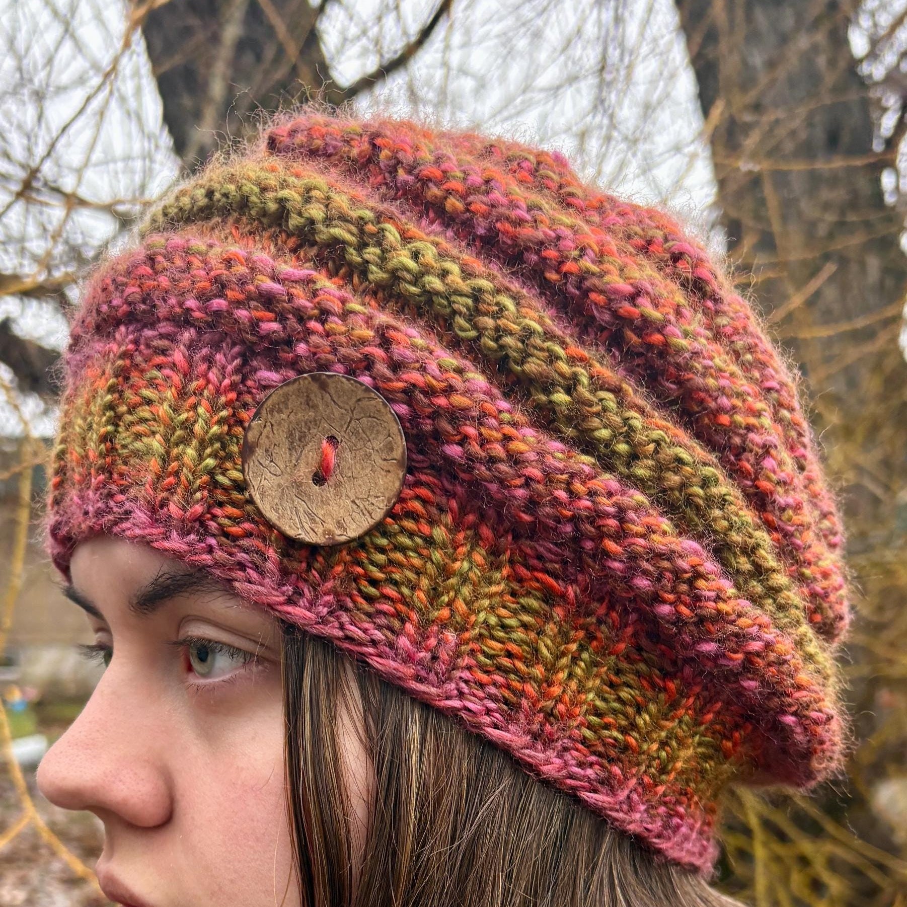 Boho Style Hat, Beret Style Hat, Knit Beret, Slouchy Hat, Multi Colored Hat, Button Hat