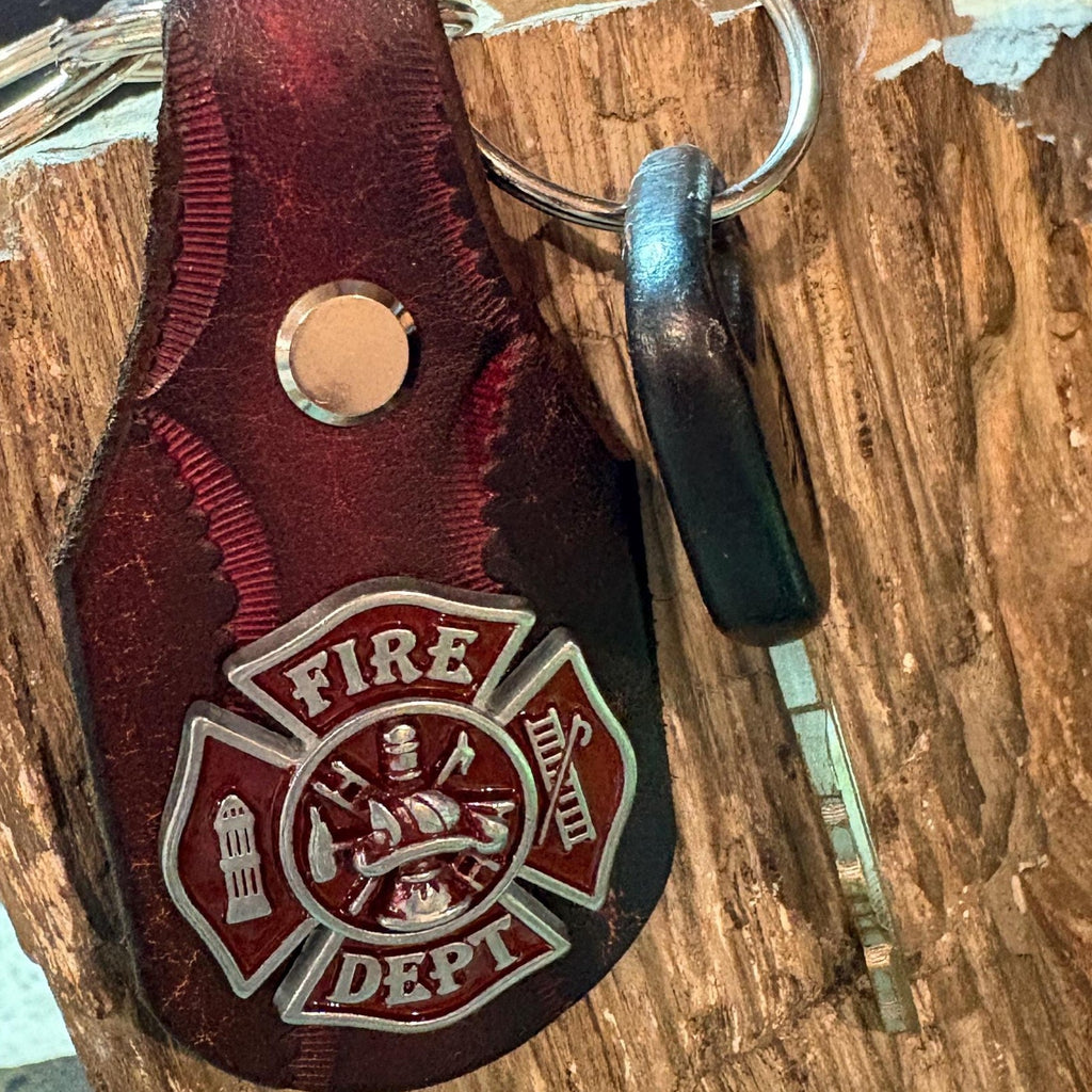 Fire Fighter Keychain: Handmade Leather Fireman Key Fob, First Responder Copper Concho, Western Style