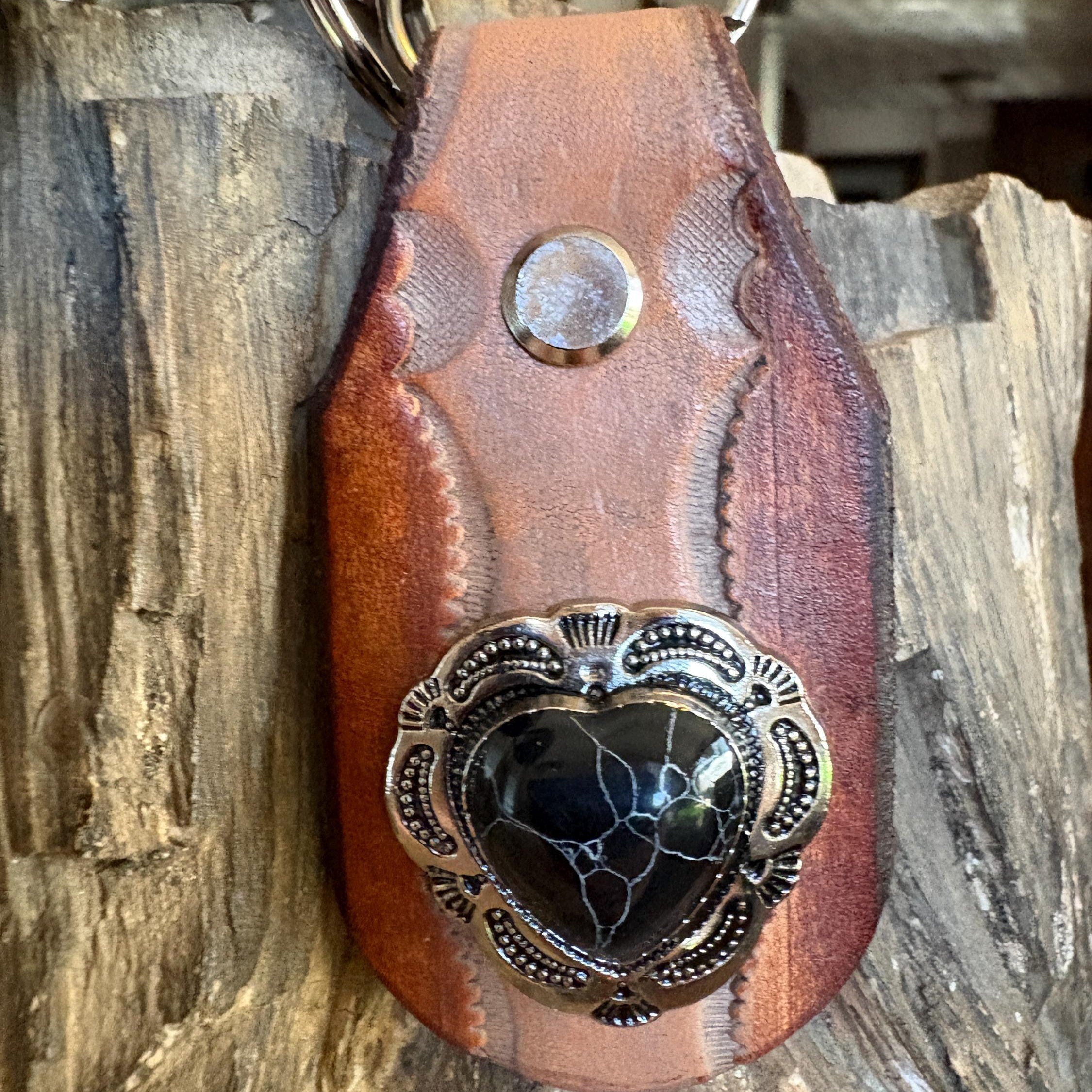 Heart keychain, handmade leather key fob, gift for her, concho, Black Stone