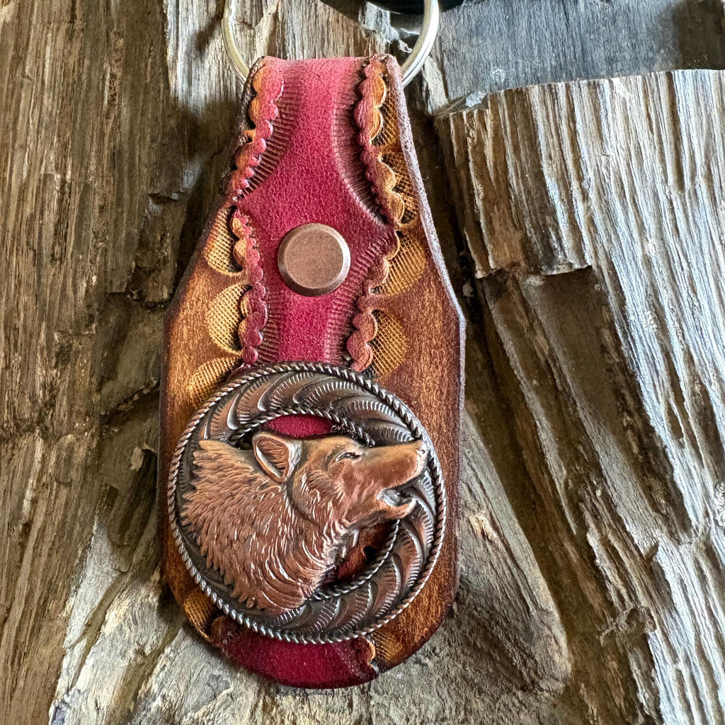 Handmade Leather Wolf Keychain: Howling Wolf Concho, Antique Copper
