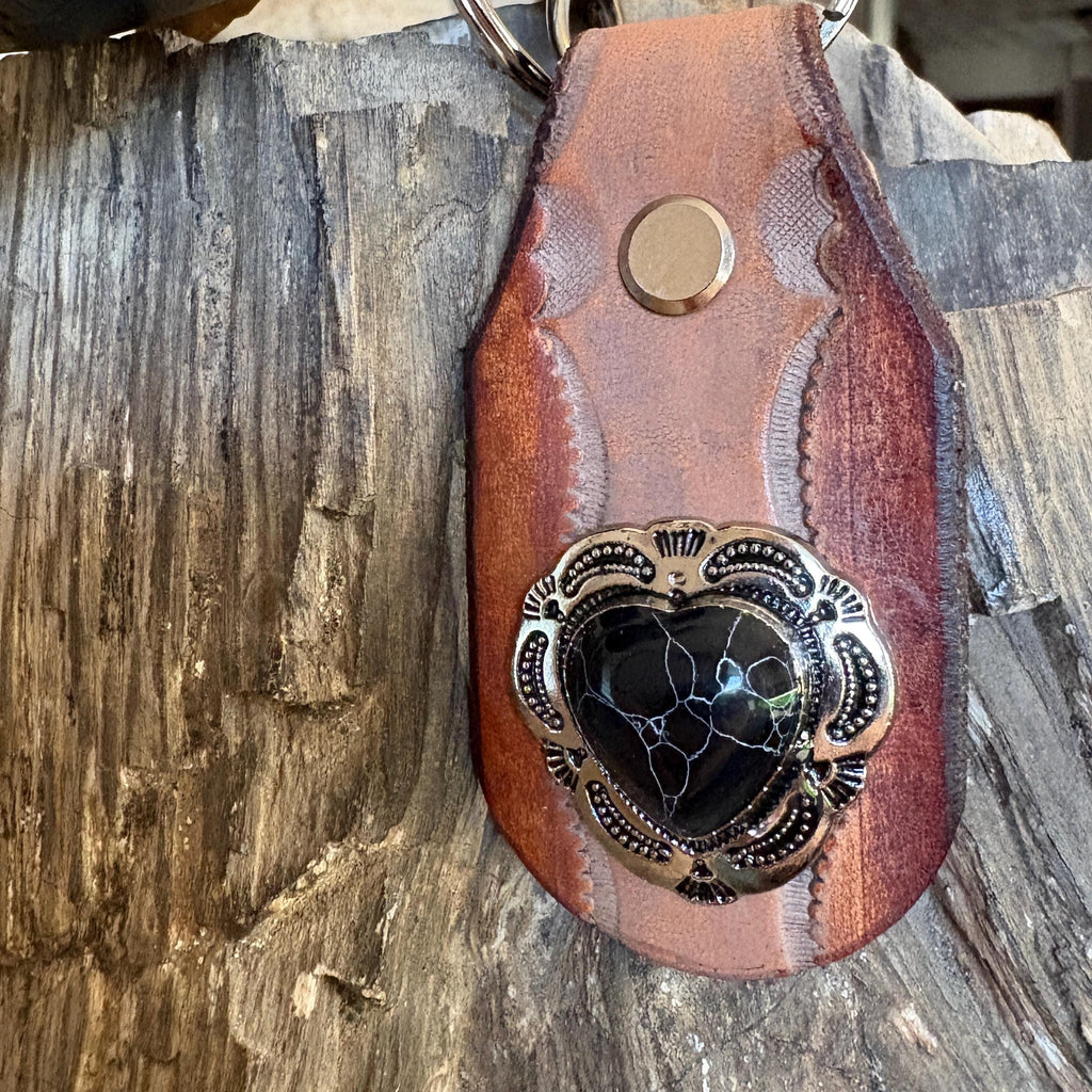 Heart keychain, handmade leather key fob, gift for her, concho, Black Stone