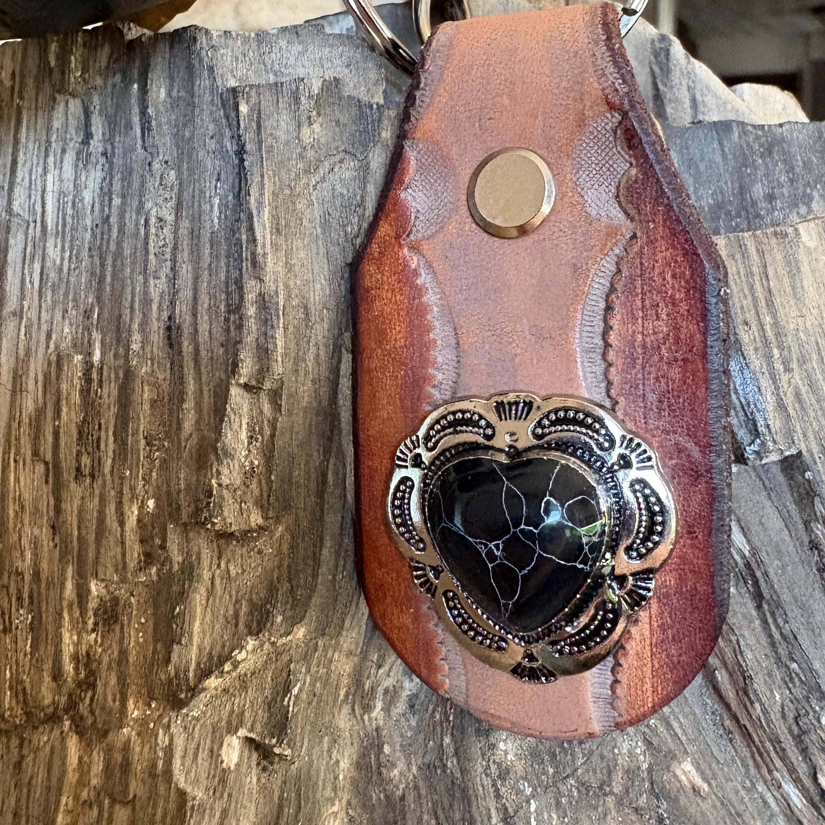 Heart keychain, handmade leather key fob, gift for her, concho, Black Stone